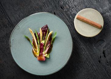 250820 Brae Sweet and sour chicories with roasted Shallot cream with Duck liver cocoa and pistacio Landscape 1